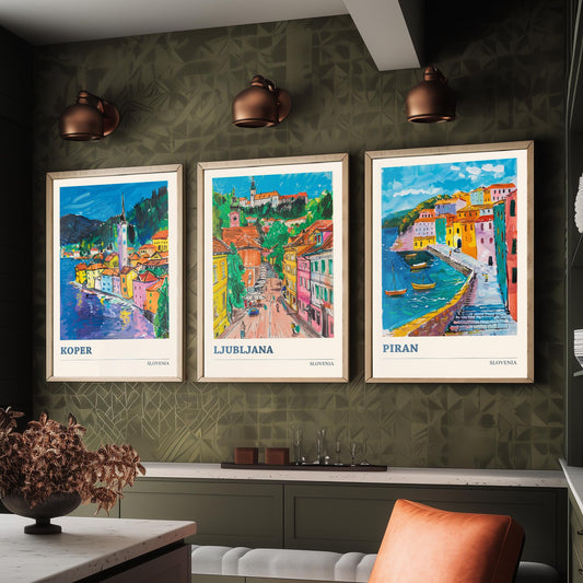 Slovenia Set of Three Art Prints - 3 Koper Ljubljana Piran Posters - Colourful Travel Illustration Wall Art Gift Map