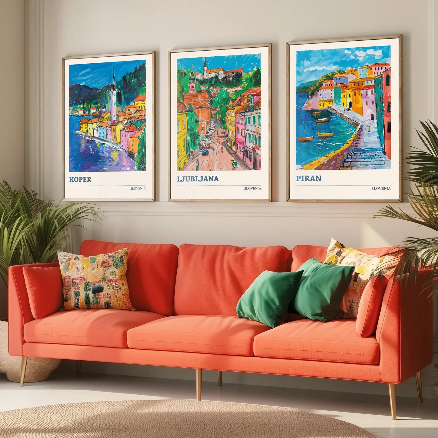 Slovenia Set of Three Art Prints - 3 Koper Ljubljana Piran Posters - Colourful Travel Illustration Wall Art Gift Map