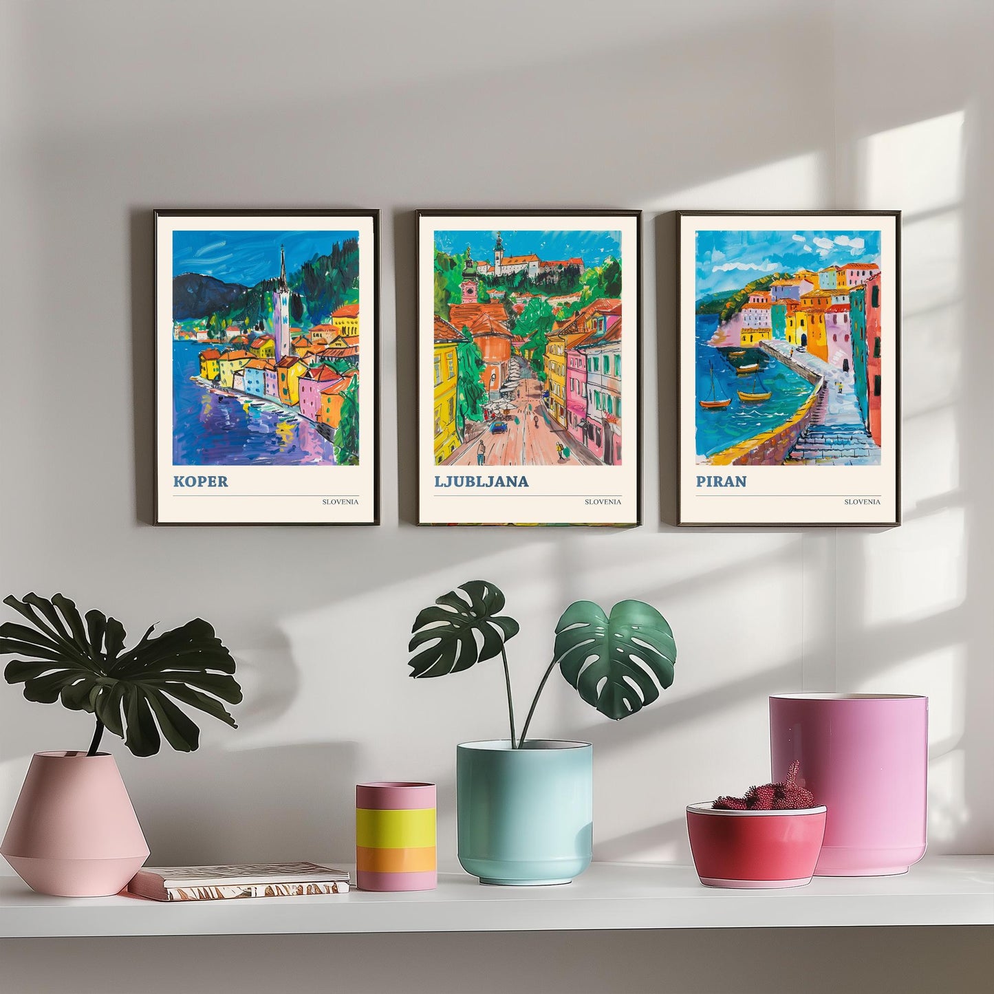 Slovenia Set of Three Art Prints - 3 Koper Ljubljana Piran Posters - Colourful Travel Illustration Wall Art Gift Map