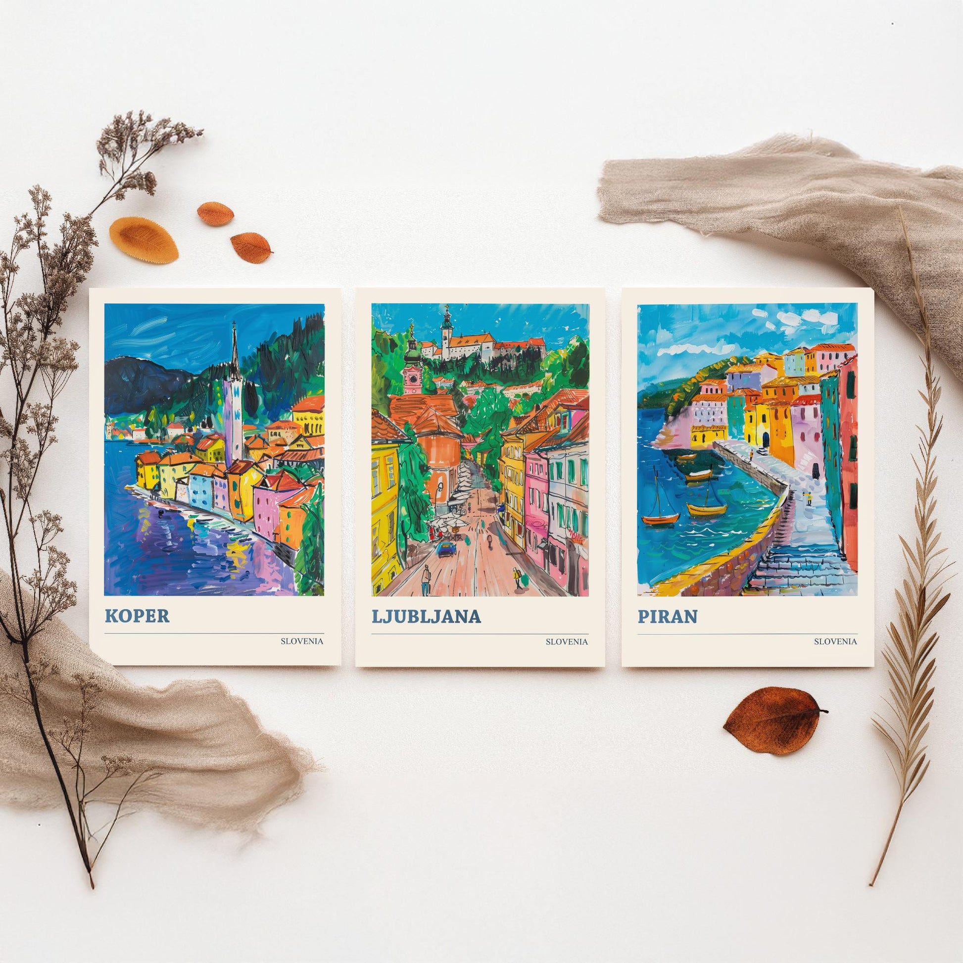 Slovenia Set of Three Art Prints - 3 Koper Ljubljana Piran Posters - Colourful Travel Illustration Wall Art Gift Map