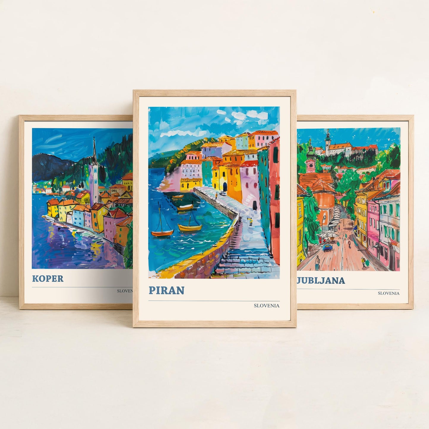 Slovenia Set of Three Art Prints - 3 Koper Ljubljana Piran Posters - Colourful Travel Illustration Wall Art Gift Map