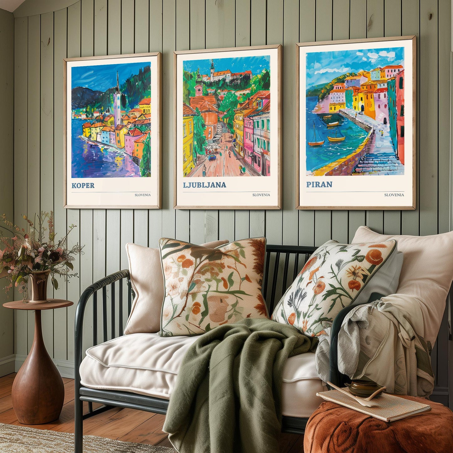 Slovenia Set of Three Art Prints - 3 Koper Ljubljana Piran Posters - Colourful Travel Illustration Wall Art Gift Map