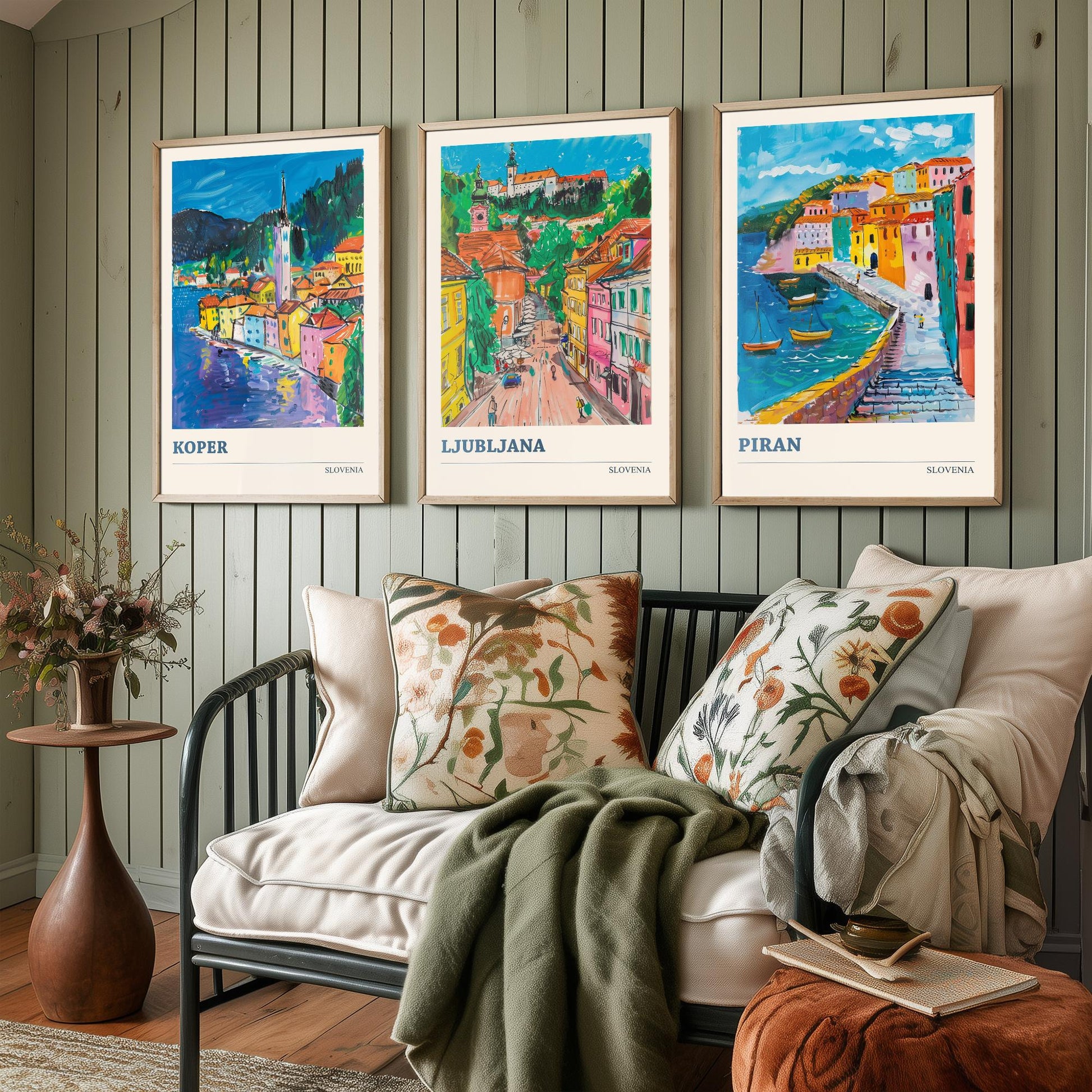 Slovenia Set of Three Art Prints - 3 Koper Ljubljana Piran Posters - Colourful Travel Illustration Wall Art Gift Map