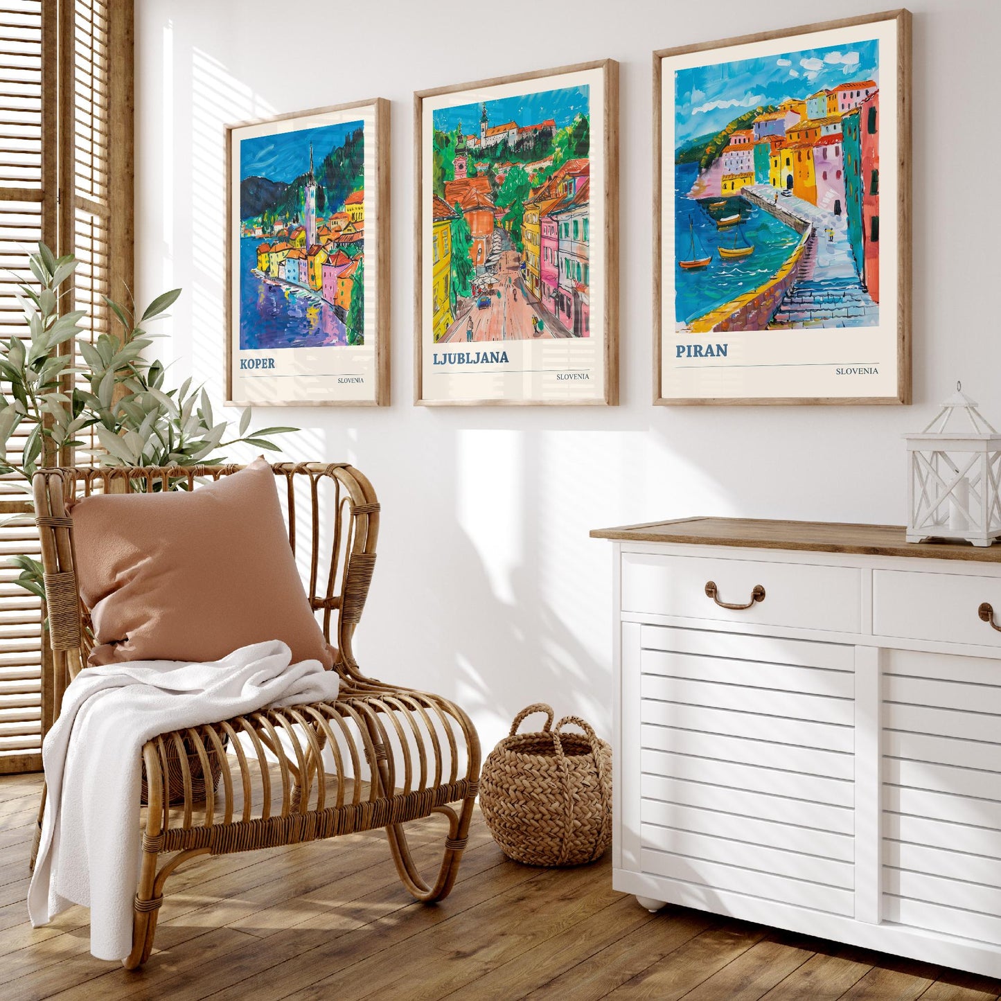 Slovenia Set of Three Art Prints - 3 Koper Ljubljana Piran Posters - Colourful Travel Illustration Wall Art Gift Map