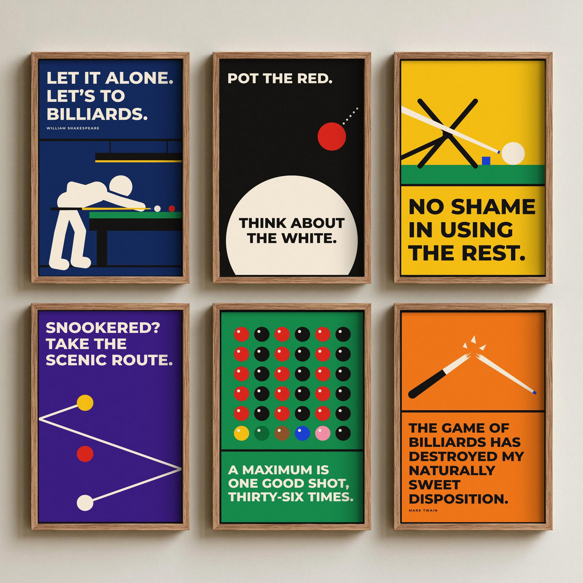 Set of Six Snooker Quote Art Prints - 6 Bauhaus Cue Sports Posters - Minimalist Game Room Illustration - Cue, Table, Maximum