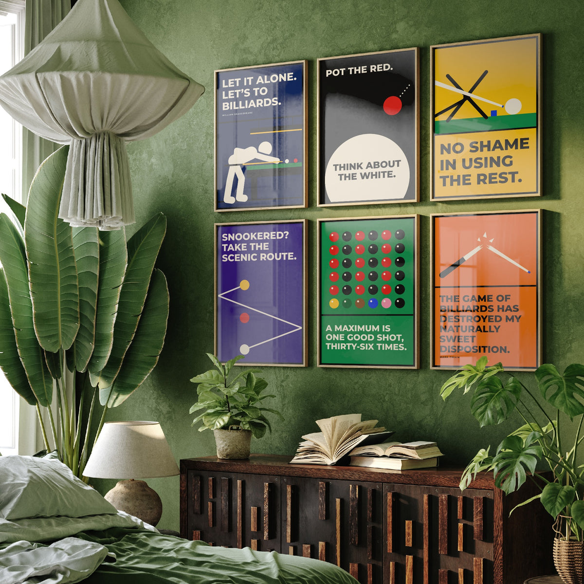 Set of Six Snooker Quote Art Prints - 6 Bauhaus Cue Sports Posters - Minimalist Game Room Illustration - Cue, Table, Maximum