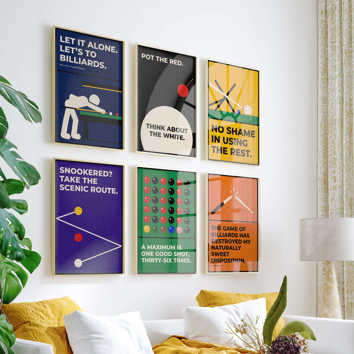 Set of Six Snooker Quote Art Prints - 6 Bauhaus Cue Sports Posters - Minimalist Game Room Illustration - Cue, Table, Maximum