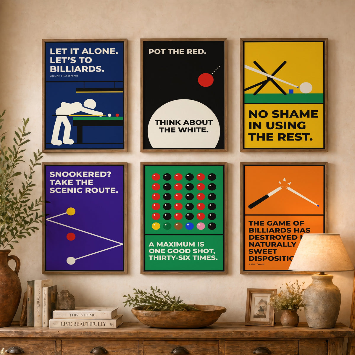 Set of Six Snooker Quote Art Prints - 6 Bauhaus Cue Sports Posters - Minimalist Game Room Illustration - Cue, Table, Maximum