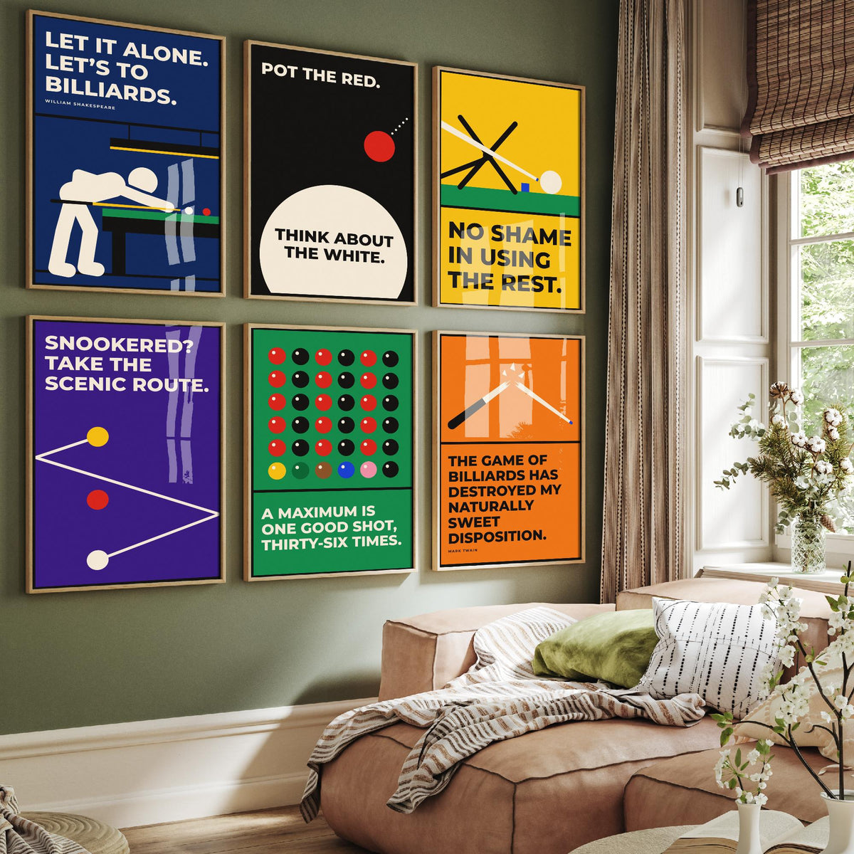 Set of Six Snooker Quote Art Prints - 6 Bauhaus Cue Sports Posters - Minimalist Game Room Illustration - Cue, Table, Maximum