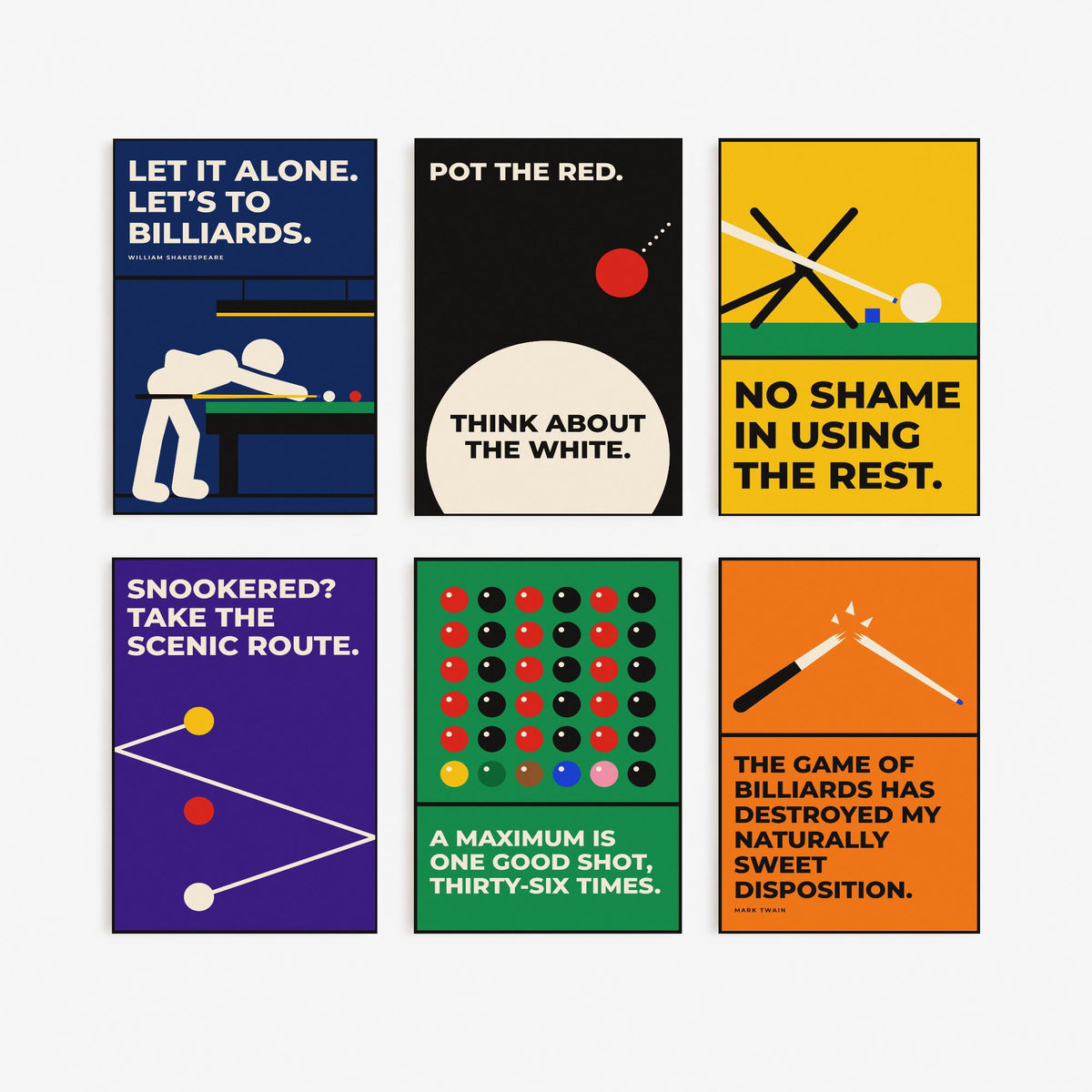 Set of Six Snooker Quote Art Prints - 6 Bauhaus Cue Sports Posters - Minimalist Game Room Illustration - Cue, Table, Maximum