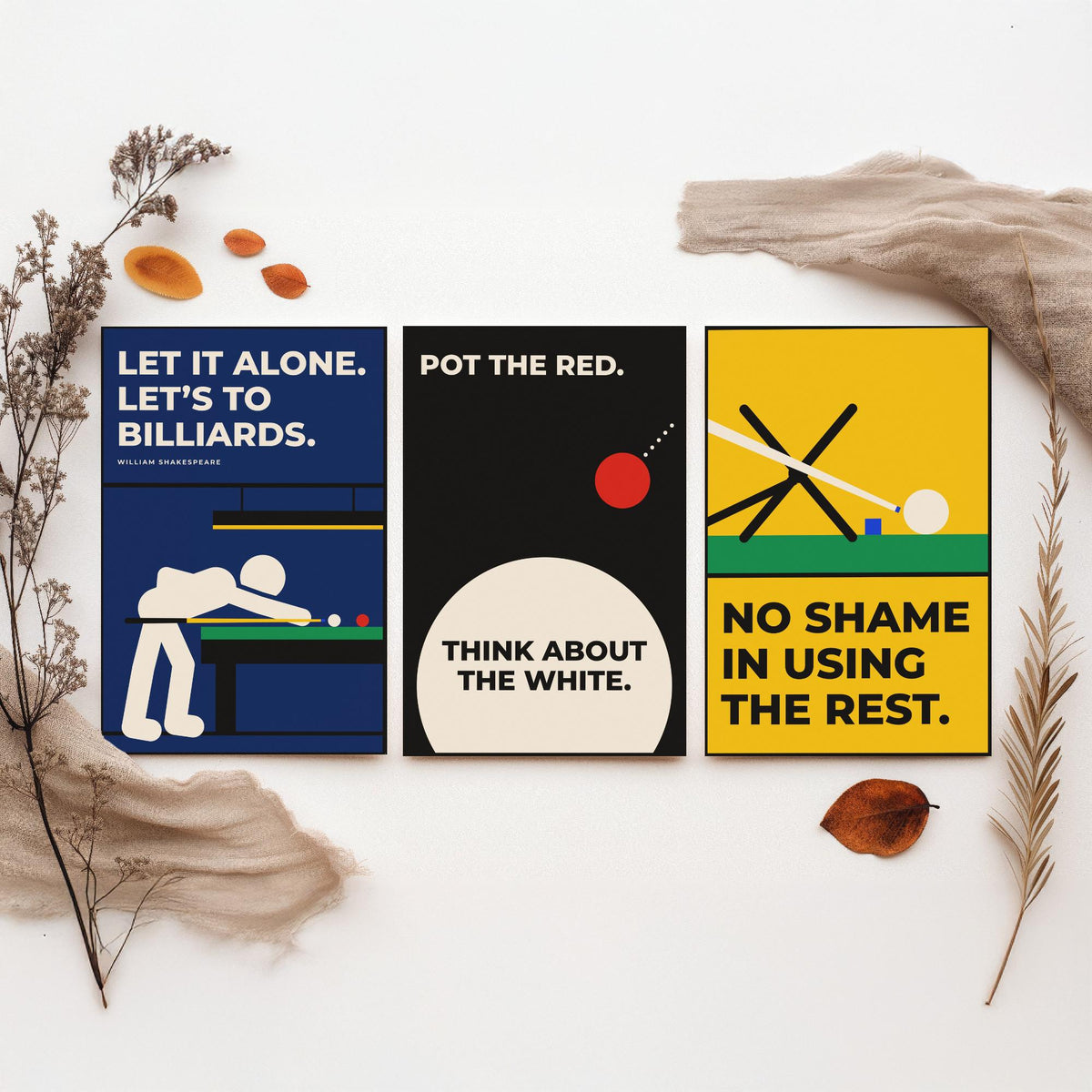 Snooker Quotes Set of Three Art Prints - 3 Bauhaus Cue Sports Posters - Minimalist Game Room Wall Art Illustration V1