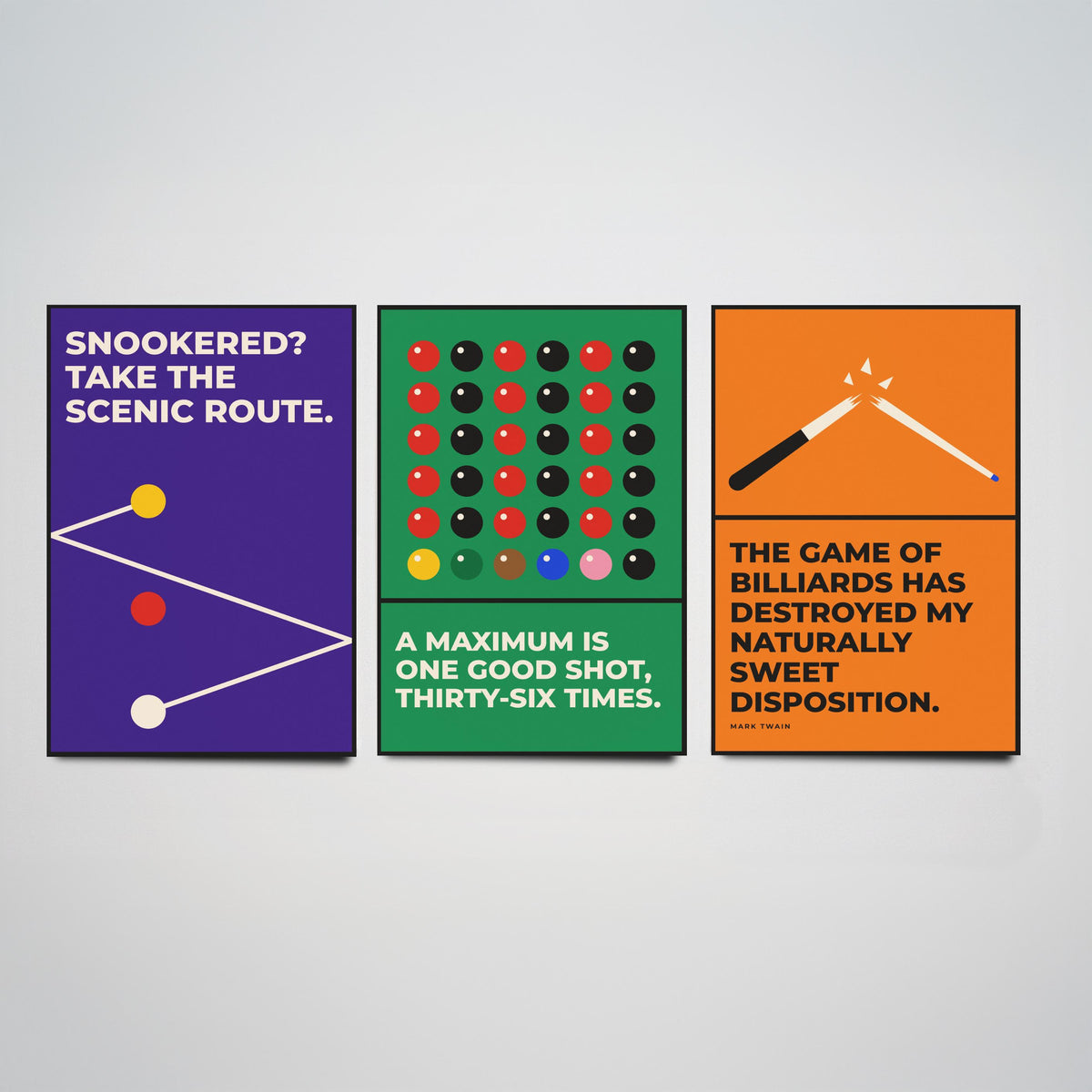 Snooker Quotes Set of Three Art Prints - 3 Retro Bauhaus Cue Sports Posters - Minimalist Game Room Wall Art Illustration V2