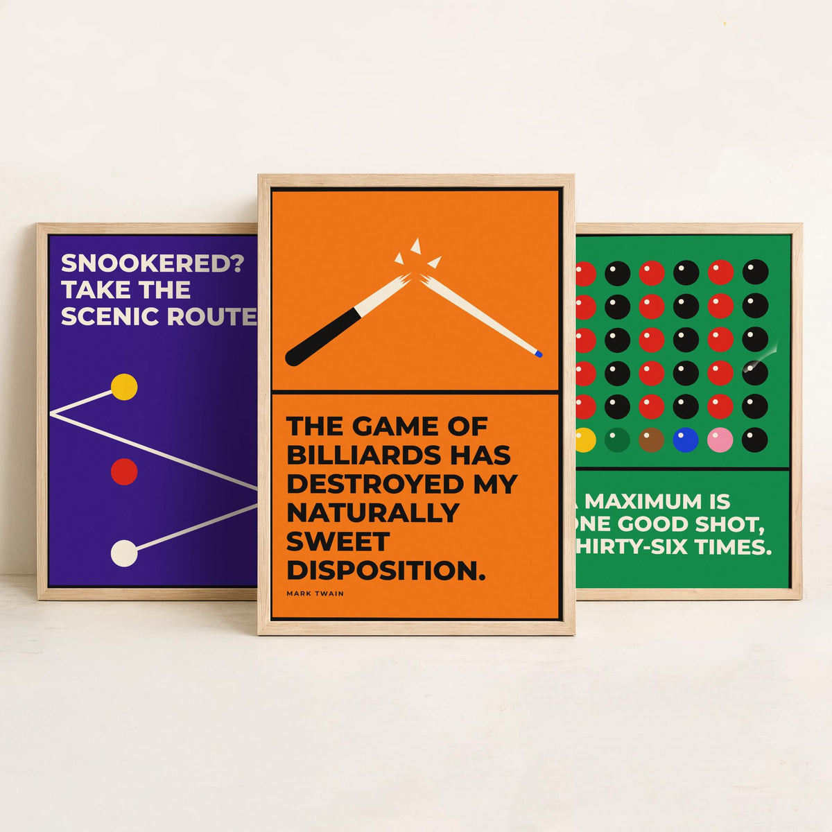 Snooker Quotes Set of Three Art Prints - 3 Retro Bauhaus Cue Sports Posters - Minimalist Game Room Wall Art Illustration V2