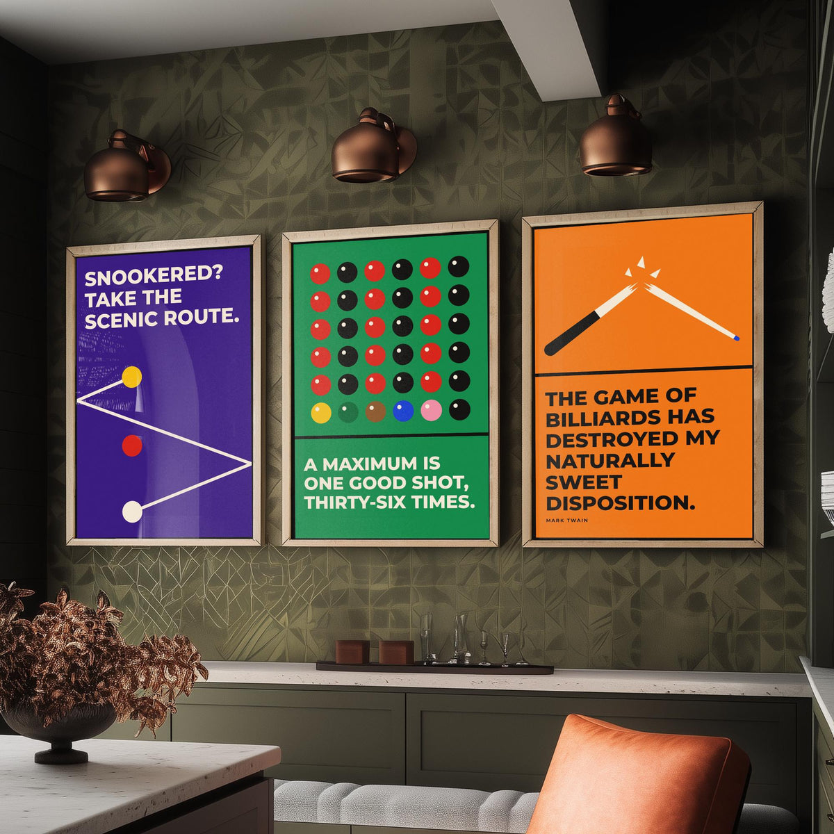 Snooker Quotes Set of Three Art Prints - 3 Retro Bauhaus Cue Sports Posters - Minimalist Game Room Wall Art Illustration V2