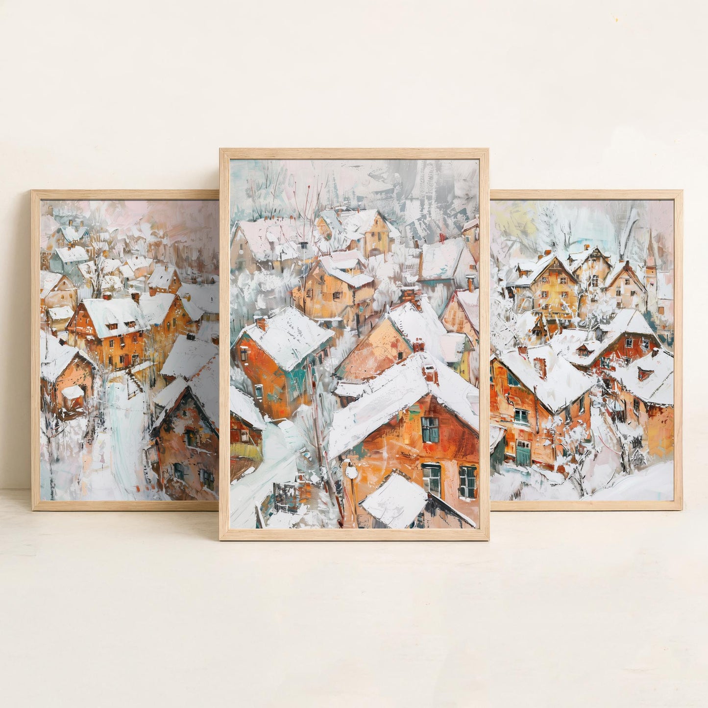Snowy Village Set of Three Art Prints - 3 Winter Houses Rooftops Posters - Impressionist Landscape Illustration Wall Art