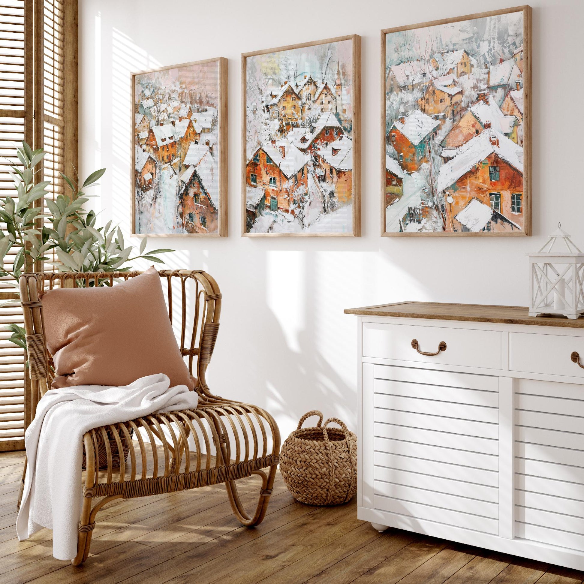Snowy Village Set of Three Art Prints - 3 Winter Houses Rooftops Posters - Impressionist Landscape Illustration Wall Art