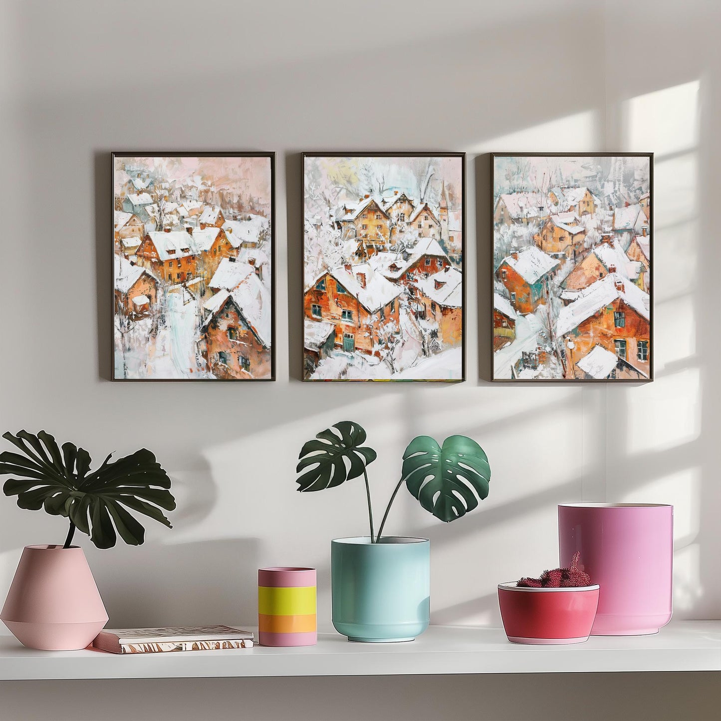 Snowy Village Set of Three Art Prints - 3 Winter Houses Rooftops Posters - Impressionist Landscape Illustration Wall Art
