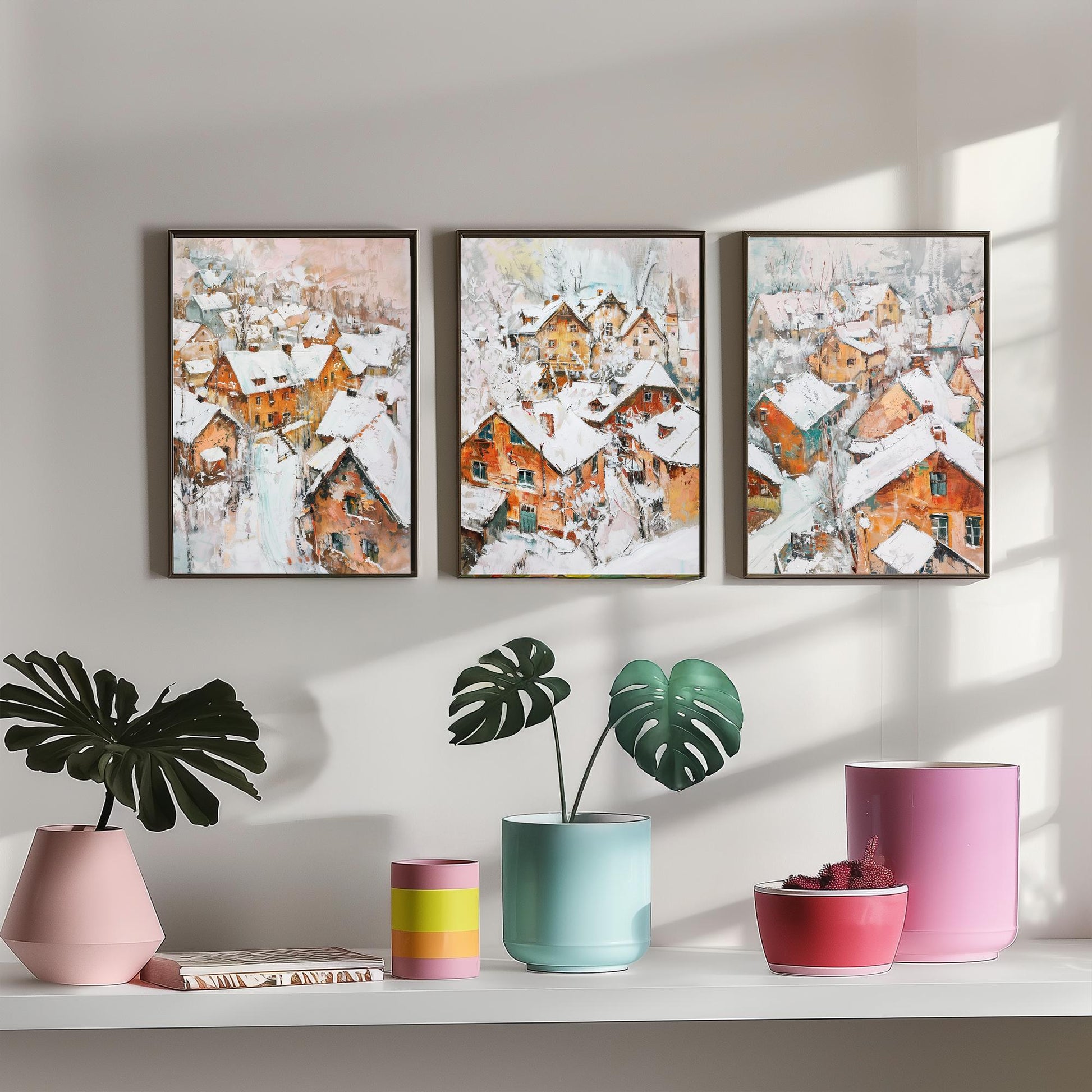 Snowy Village Set of Three Art Prints - 3 Winter Houses Rooftops Posters - Impressionist Landscape Illustration Wall Art