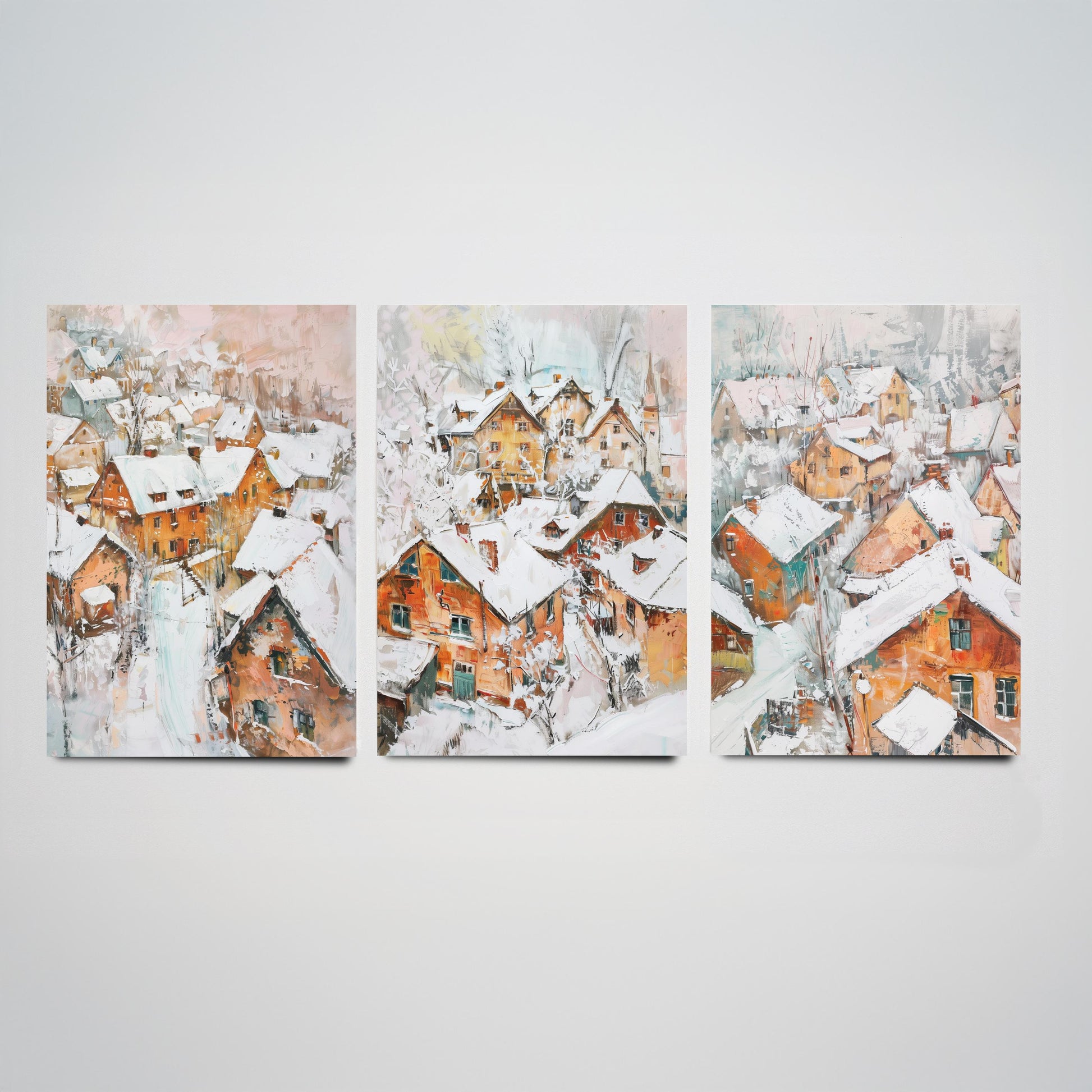 Snowy Village Set of Three Art Prints - 3 Winter Houses Rooftops Posters - Impressionist Landscape Illustration Wall Art