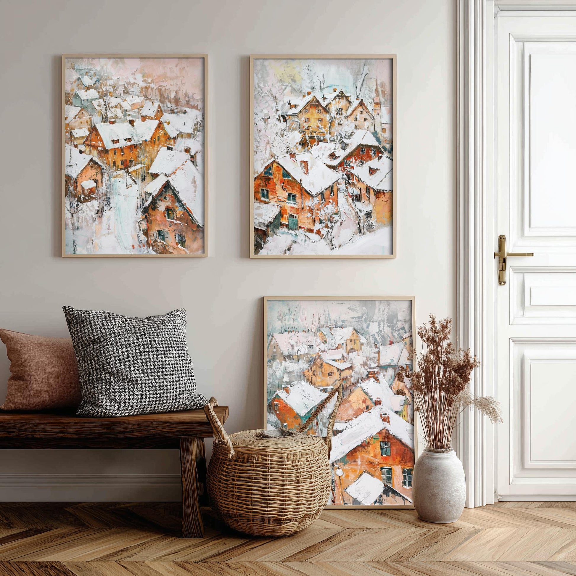 Snowy Village Set of Three Art Prints - 3 Winter Houses Rooftops Posters - Impressionist Landscape Illustration Wall Art