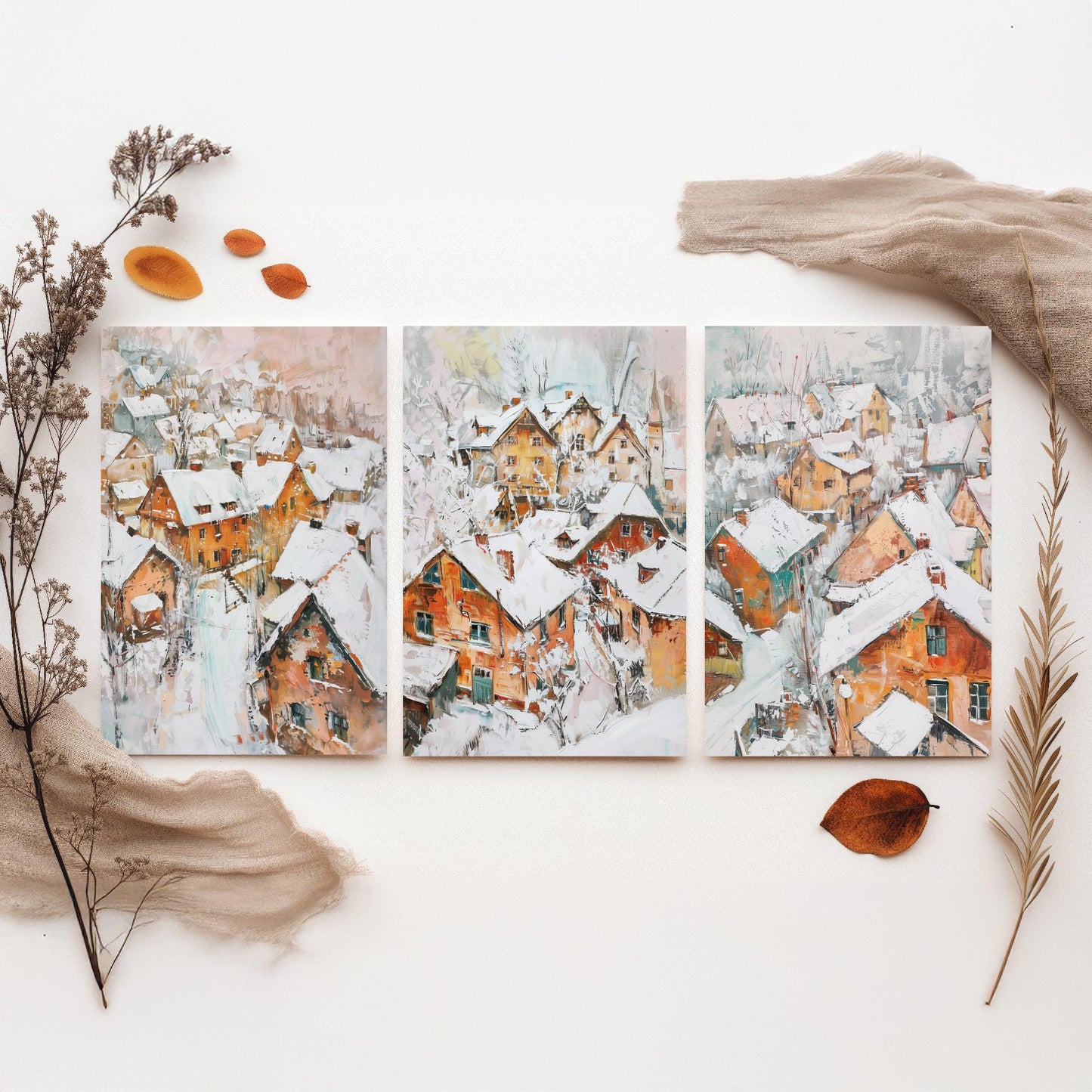 Snowy Village Set of Three Art Prints - 3 Winter Houses Rooftops Posters - Impressionist Landscape Illustration Wall Art