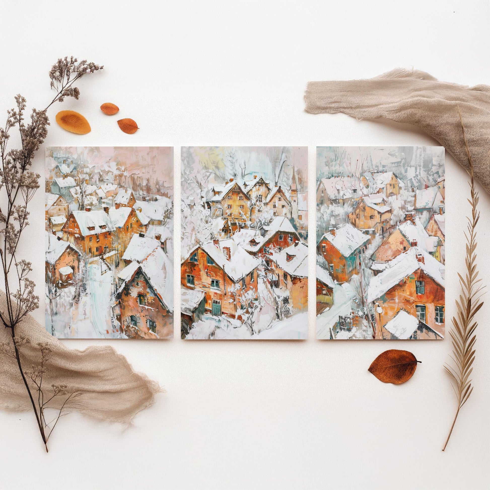 Snowy Village Set of Three Art Prints - 3 Winter Houses Rooftops Posters - Impressionist Landscape Illustration Wall Art