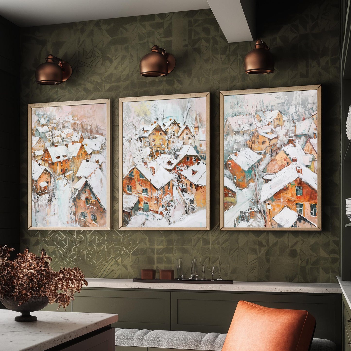Snowy Village Set of Three Art Prints - 3 Winter Houses Rooftops Posters - Impressionist Landscape Illustration Wall Art