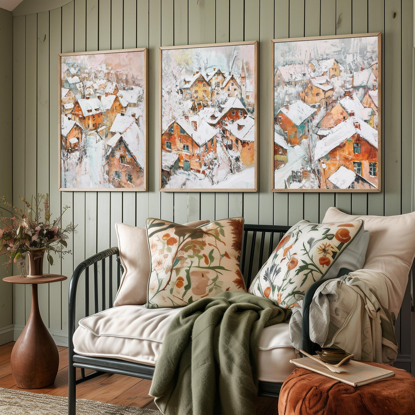 Snowy Village Set of Three Art Prints - 3 Winter Houses Rooftops Posters - Impressionist Landscape Illustration Wall Art