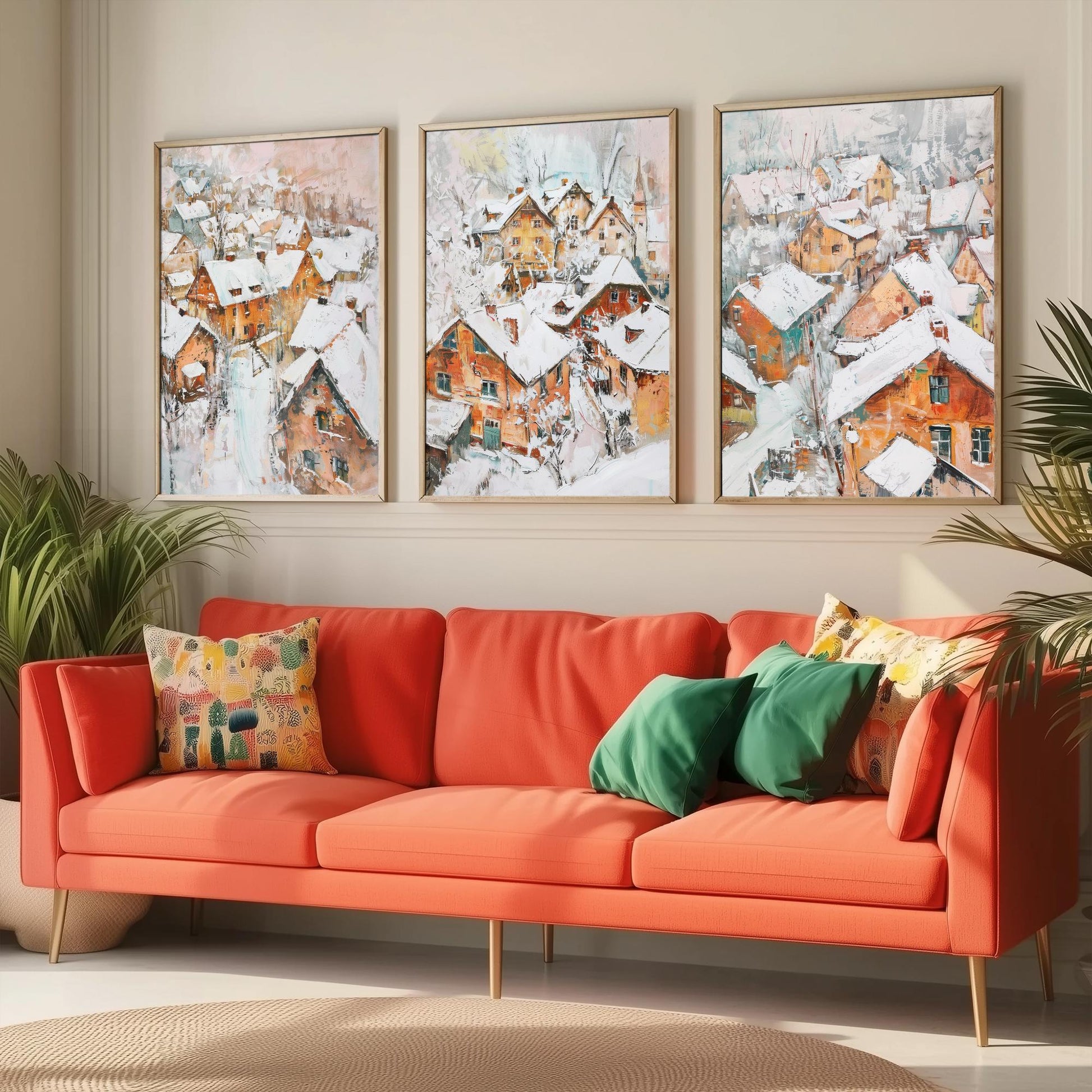 Snowy Village Set of Three Art Prints - 3 Winter Houses Rooftops Posters - Impressionist Landscape Illustration Wall Art