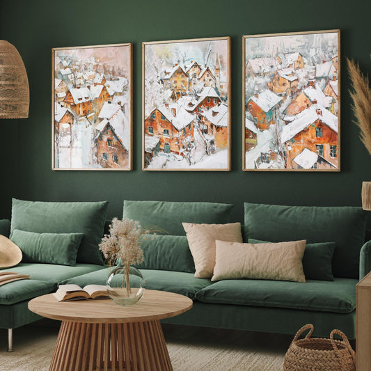 Snowy Village Set of Three Art Prints - 3 Winter Houses Rooftops Posters - Impressionist Landscape Illustration Wall Art