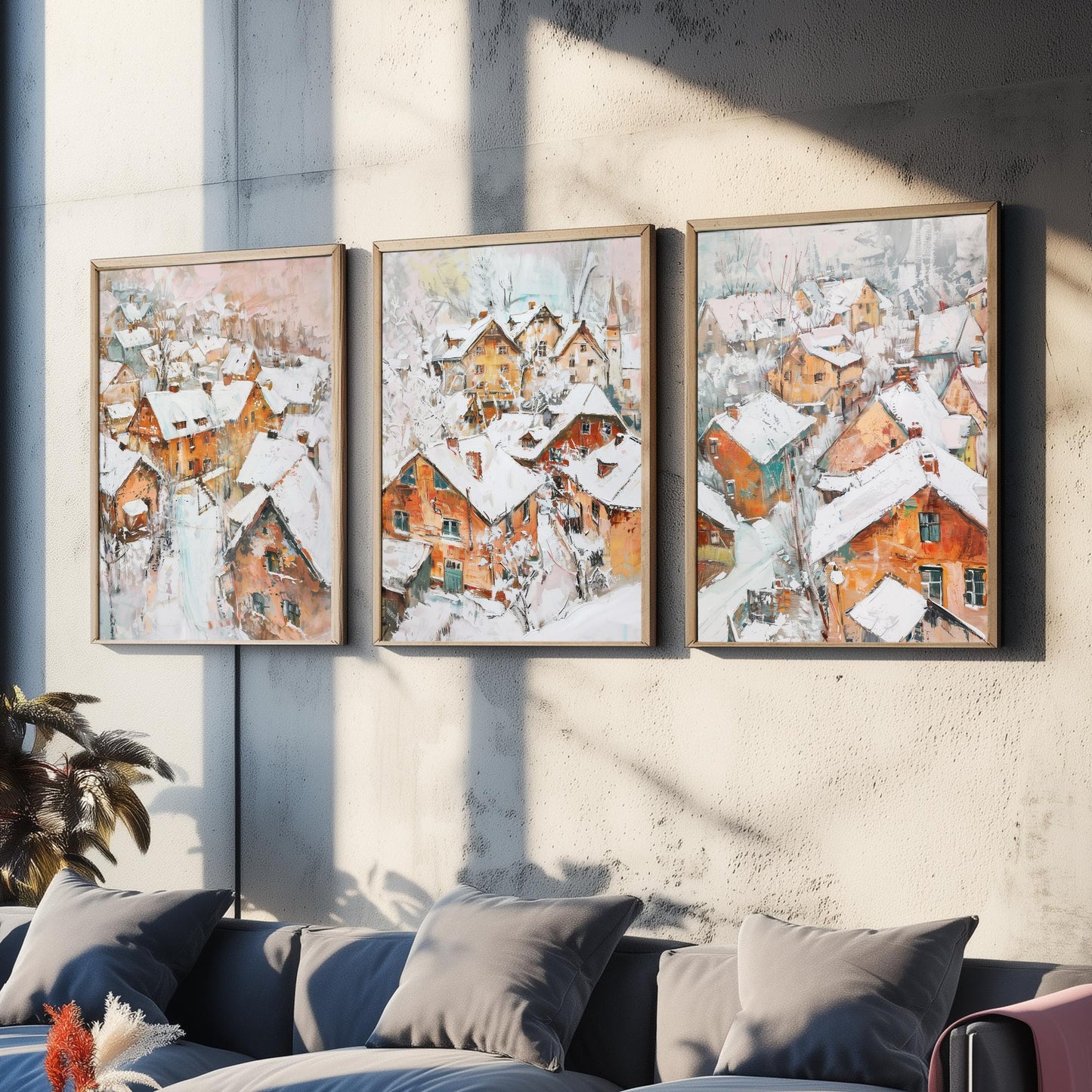Snowy Village Set of Three Art Prints - 3 Winter Houses Rooftops Posters - Impressionist Landscape Illustration Wall Art