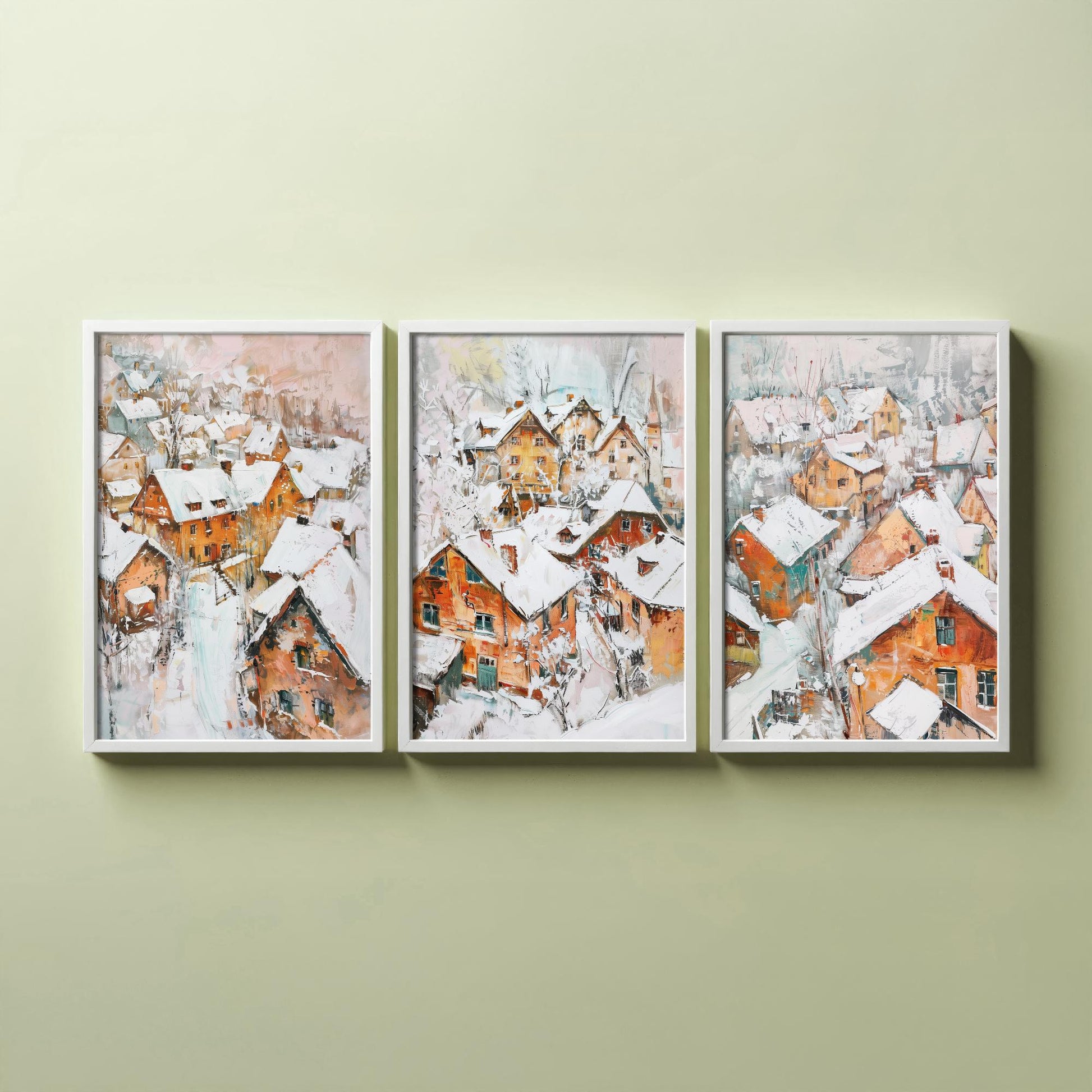 Snowy Village Set of Three Art Prints - 3 Winter Houses Rooftops Posters - Impressionist Landscape Illustration Wall Art