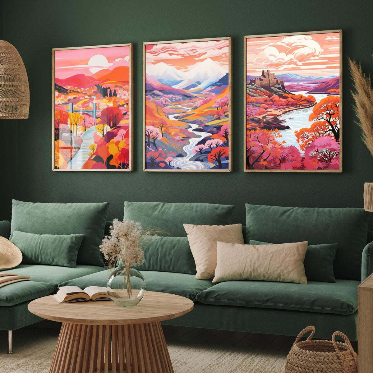 North Wales in Pink Set of Three Art Prints - Menai Bridge, Snowdon, Conwy Castle - Colourful Travel Poster Illustration