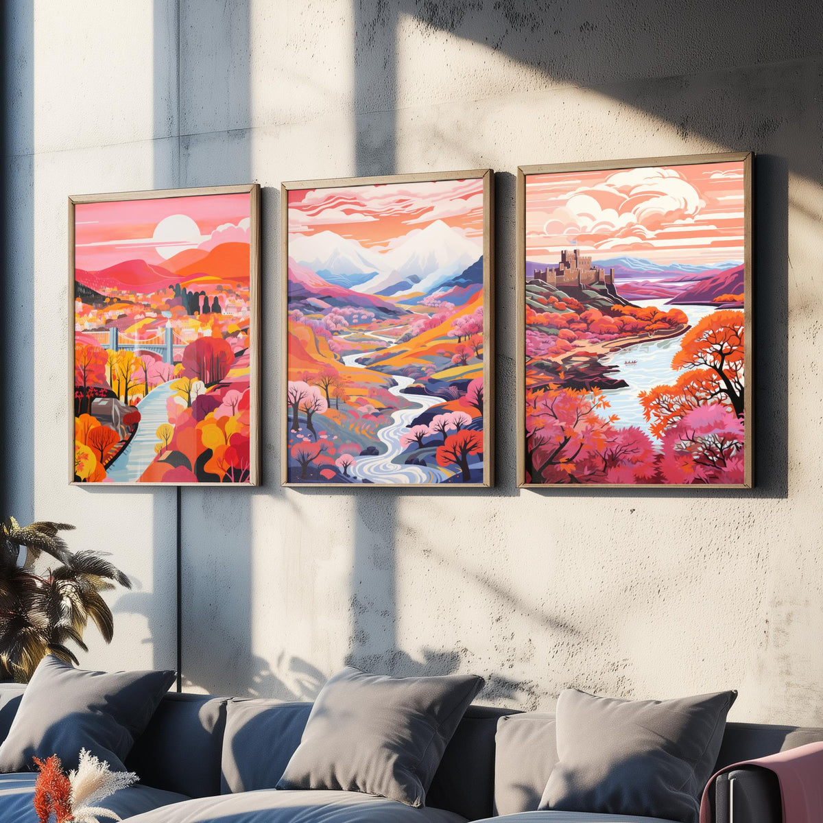 North Wales in Pink Set of Three Art Prints - Menai Bridge, Snowdon, Conwy Castle - Colourful Travel Poster Illustration
