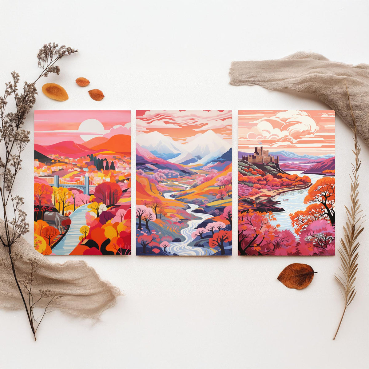 North Wales in Pink Set of Three Art Prints - Menai Bridge, Snowdon, Conwy Castle - Colourful Travel Poster Illustration
