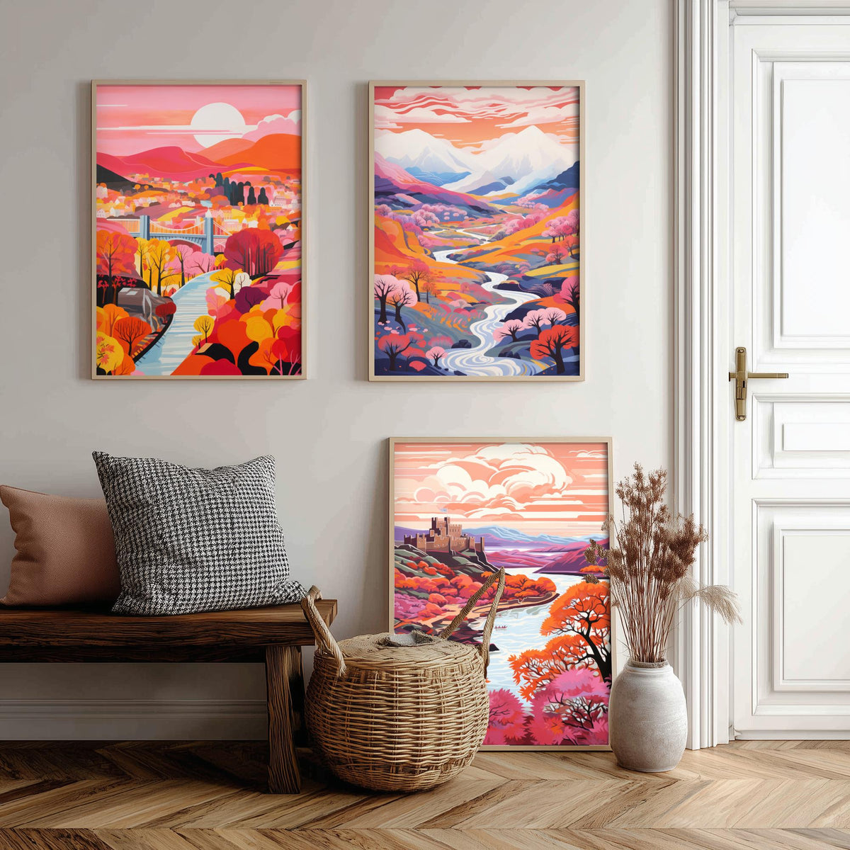 North Wales in Pink Set of Three Art Prints - Menai Bridge, Snowdon, Conwy Castle - Colourful Travel Poster Illustration