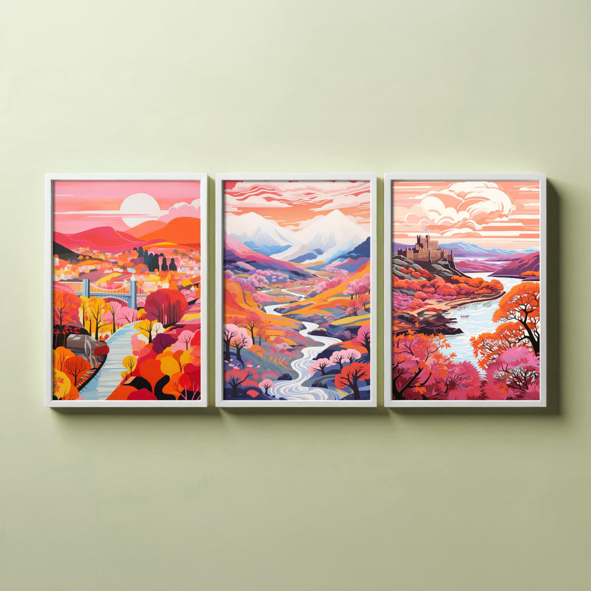 North Wales in Pink Set of Three Art Prints - Menai Bridge, Snowdon, Conwy Castle - Colourful Travel Poster Illustration