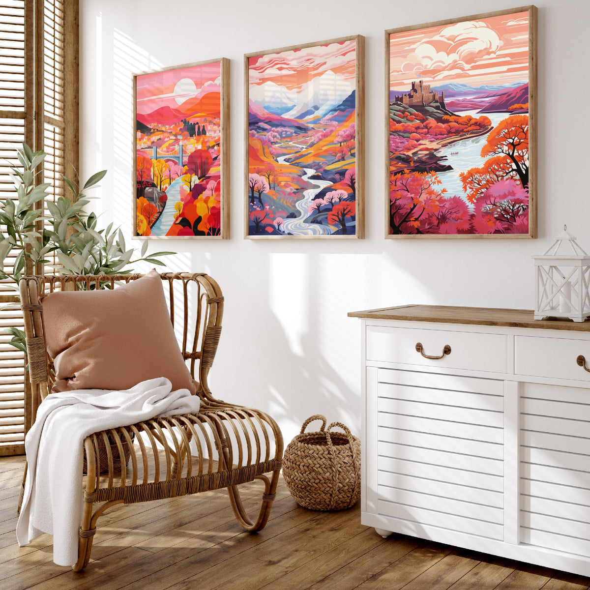 North Wales in Pink Set of Three Art Prints - Menai Bridge, Snowdon, Conwy Castle - Colourful Travel Poster Illustration