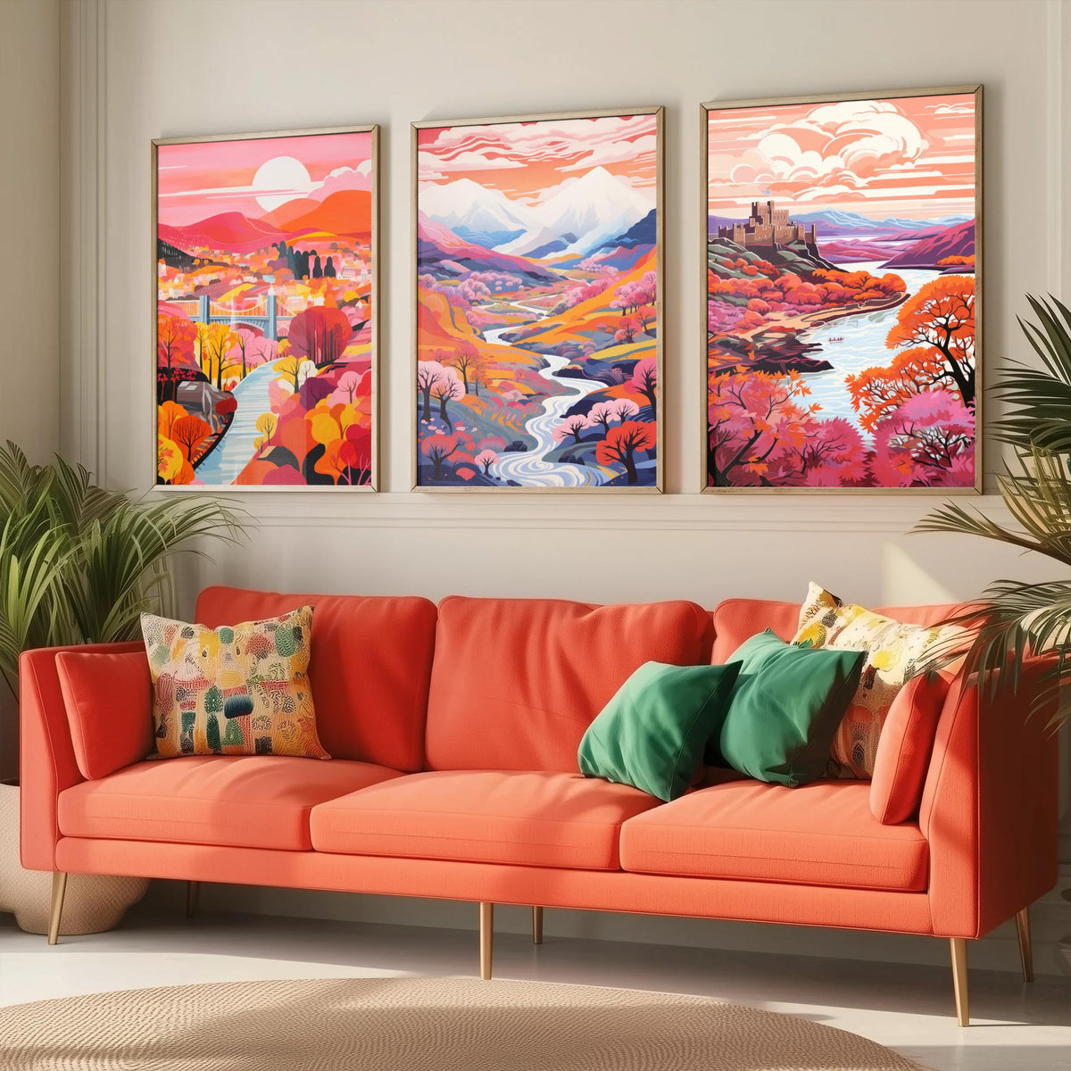 North Wales in Pink Set of Three Art Prints - Menai Bridge, Snowdon, Conwy Castle - Colourful Travel Poster Illustration