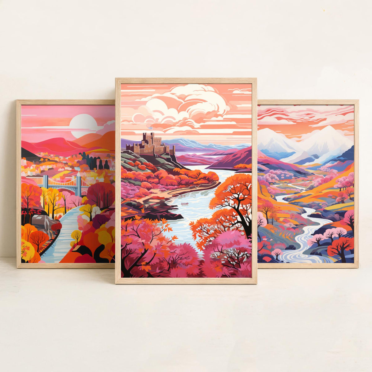North Wales in Pink Set of Three Art Prints - Menai Bridge, Snowdon, Conwy Castle - Colourful Travel Poster Illustration