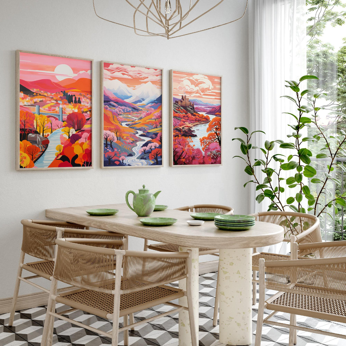 North Wales in Pink Set of Three Art Prints - Menai Bridge, Snowdon, Conwy Castle - Colourful Travel Poster Illustration