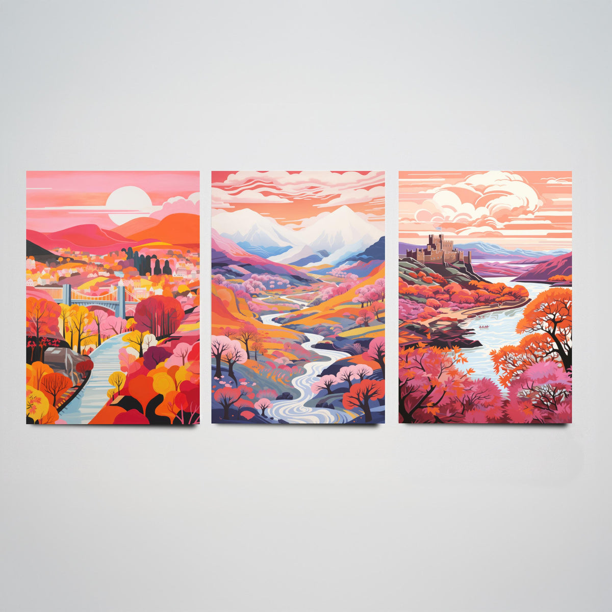 North Wales in Pink Set of Three Art Prints - Menai Bridge, Snowdon, Conwy Castle - Colourful Travel Poster Illustration