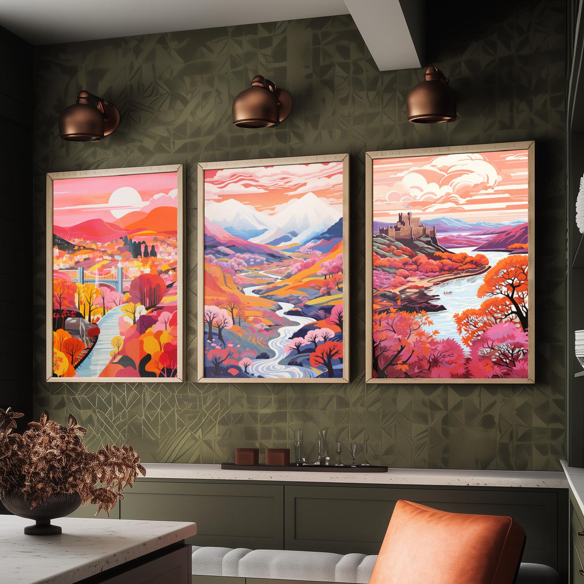 North Wales in Pink Set of Three Art Prints - Menai Bridge, Snowdon, Conwy Castle - Colourful Travel Poster Illustration