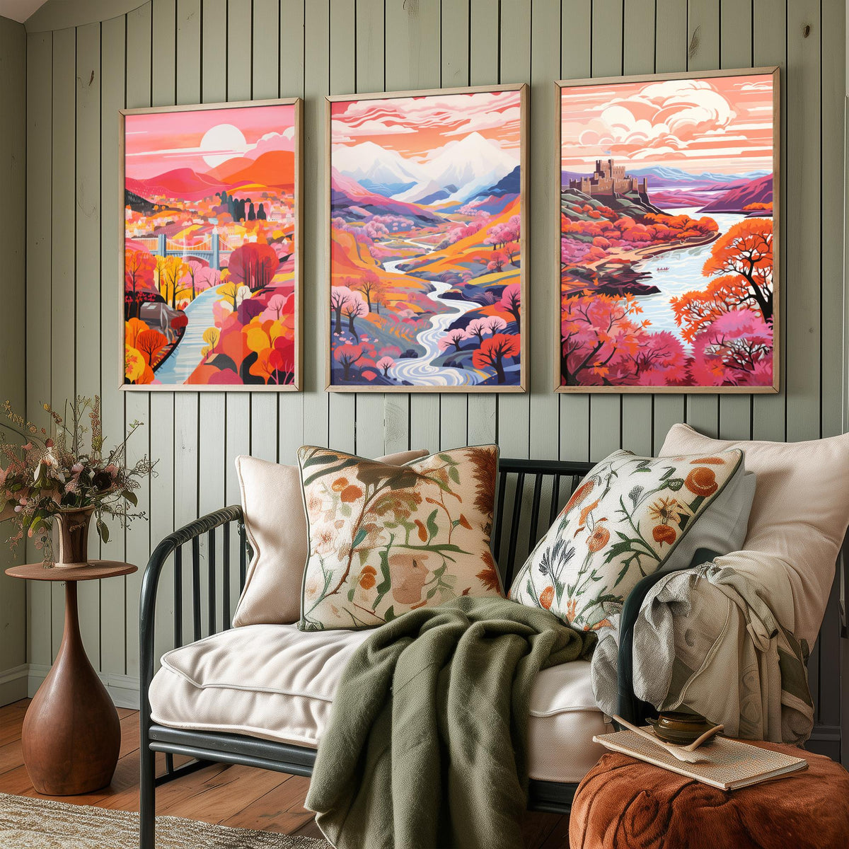 North Wales in Pink Set of Three Art Prints - Menai Bridge, Snowdon, Conwy Castle - Colourful Travel Poster Illustration