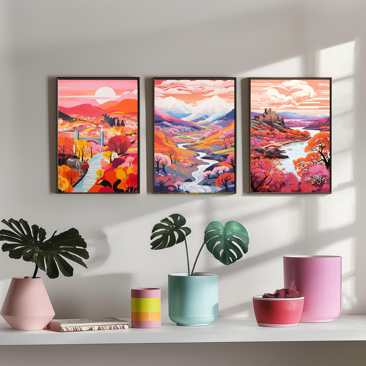 North Wales in Pink Set of Three Art Prints - Menai Bridge, Snowdon, Conwy Castle - Colourful Travel Poster Illustration