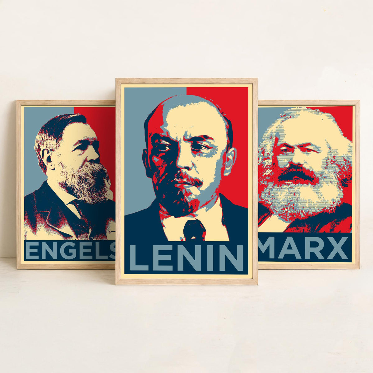 Engels, Marx and Lenin Set of Three Art Prints - Red and Blue Pop Art Portraits - Political History Poster Illustration