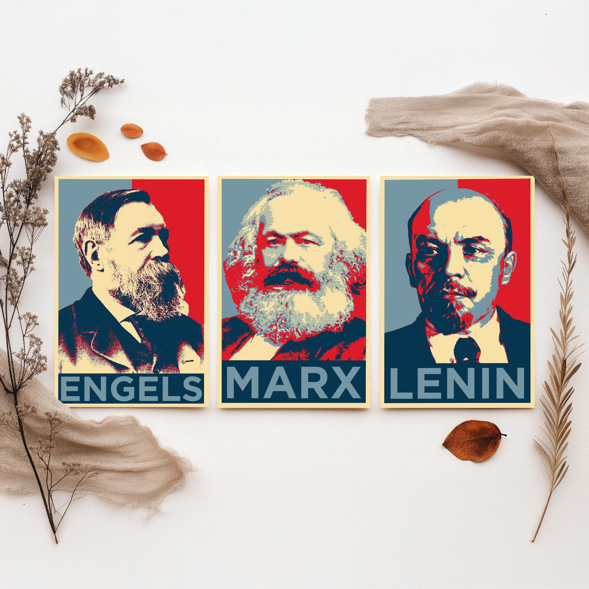 Engels, Marx and Lenin Set of Three Art Prints - Red and Blue Pop Art Portraits - Political History Poster Illustration