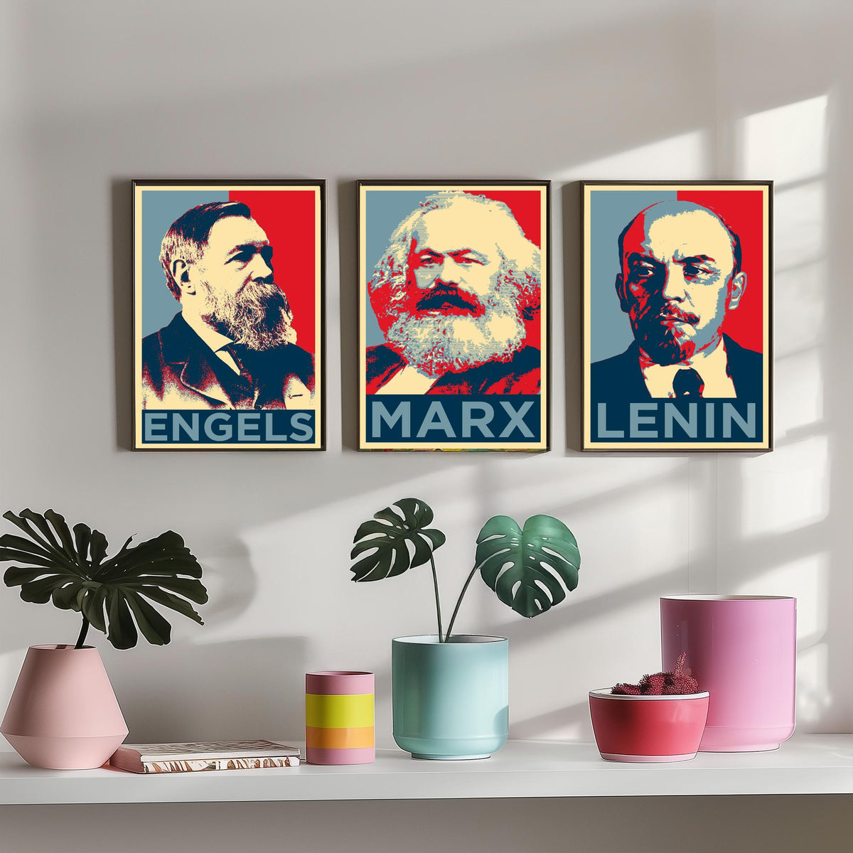 Engels, Marx and Lenin Set of Three Art Prints - Red and Blue Pop Art Portraits - Political History Poster Illustration