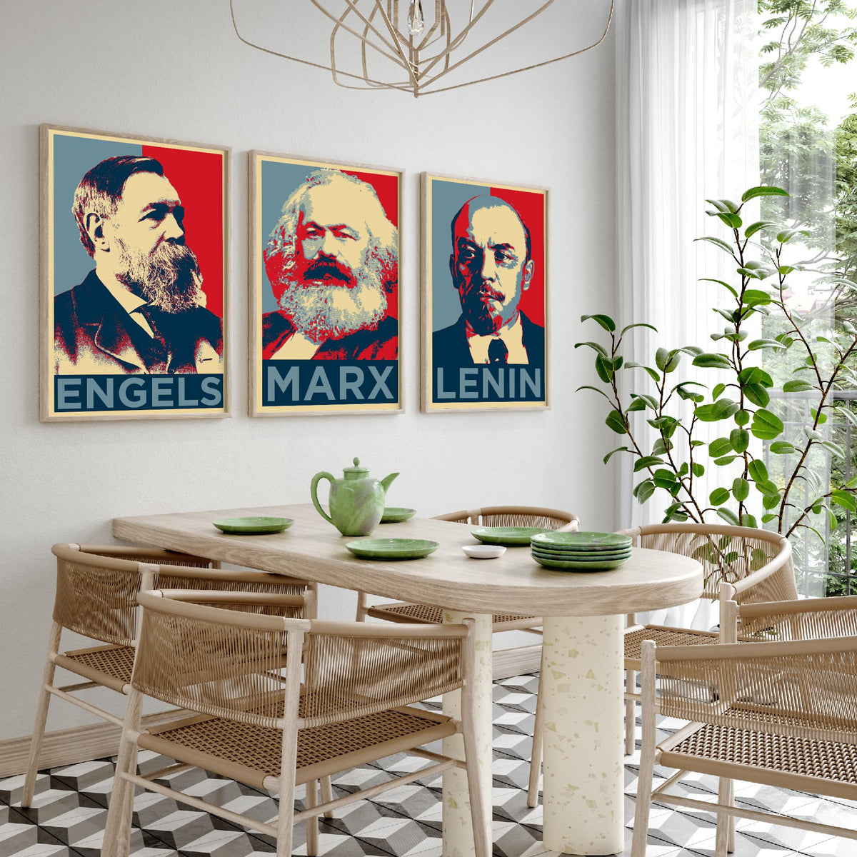 Engels, Marx and Lenin Set of Three Art Prints - Red and Blue Pop Art Portraits - Political History Poster Illustration