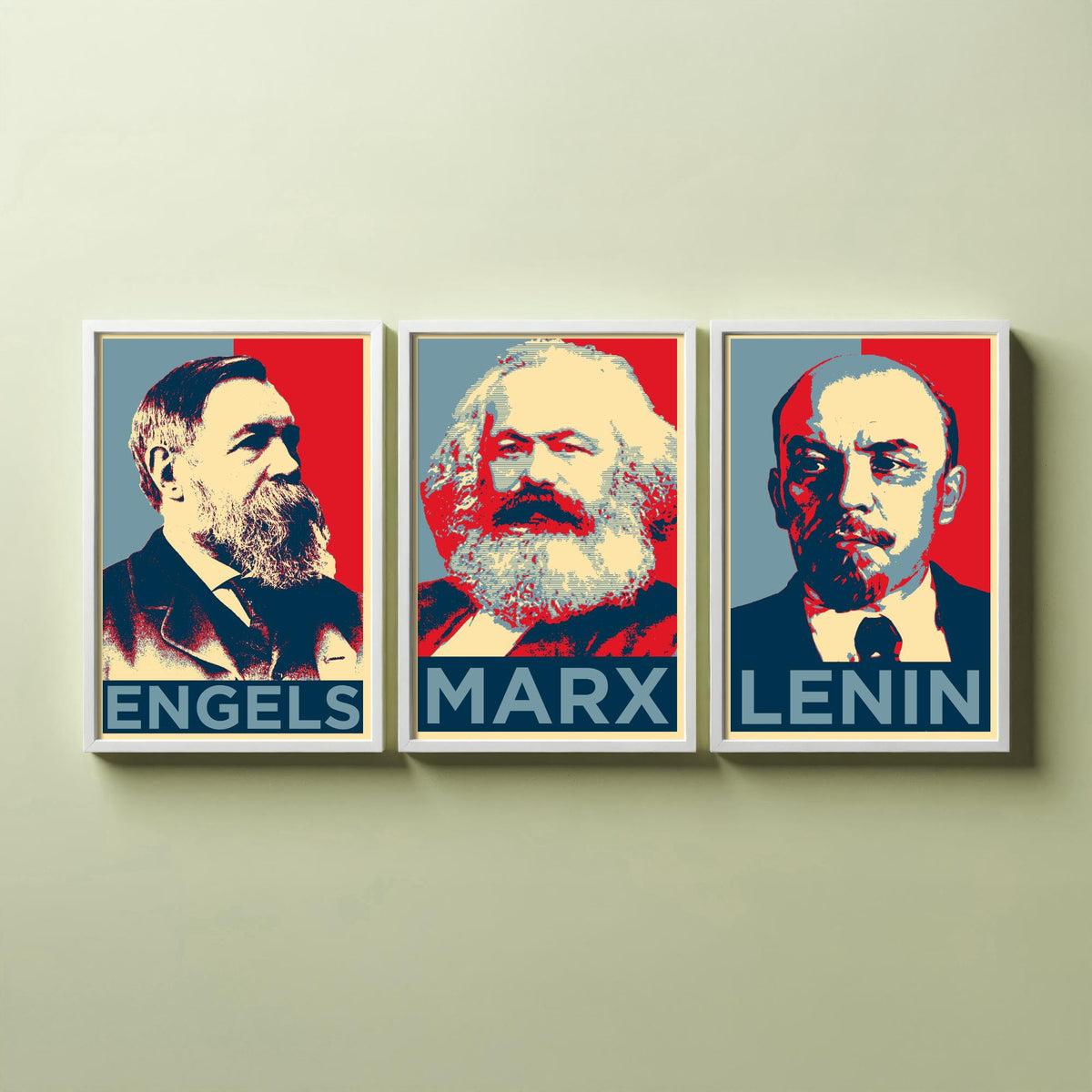 Engels, Marx and Lenin Set of Three Art Prints - Red and Blue Pop Art Portraits - Political History Poster Illustration